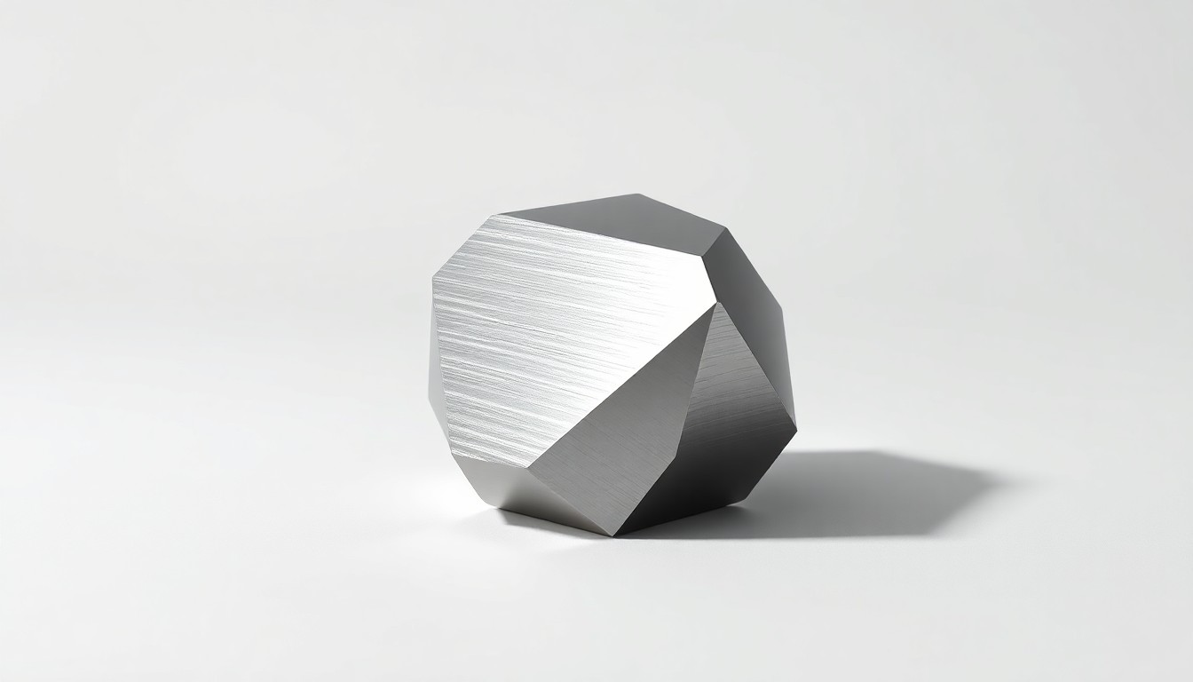 A high-end, photorealistic studio still-life photograph featuring a polished, geometric metal paperweight or trophy-like object made of brushed steel or aluminum, resting on a clean, white seamless background and dramatically lit with sharp shadows.