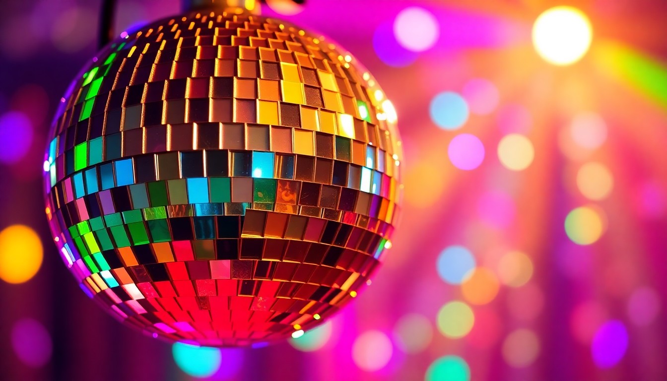 An extreme close-up photograph of a glittering disco ball reflecting a kaleidoscope of bright, colorful lights, capturing the celebratory, high-energy atmosphere of a karaoke party.