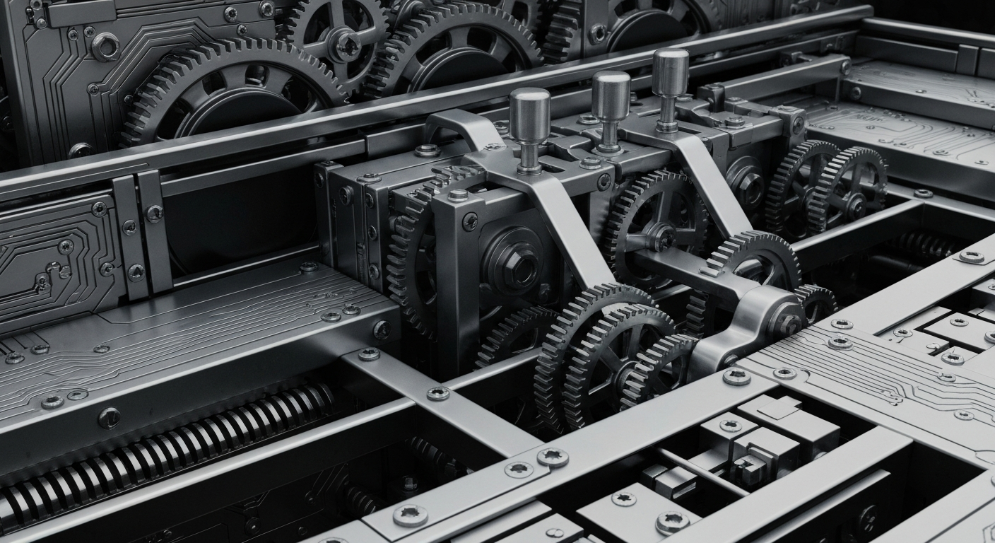 An extreme close-up of the complex, industrial machinery that powers a modern banking institution, representing the secure and powerful financial infrastructure that enables First Internet Bancorp's diverse lending activities.