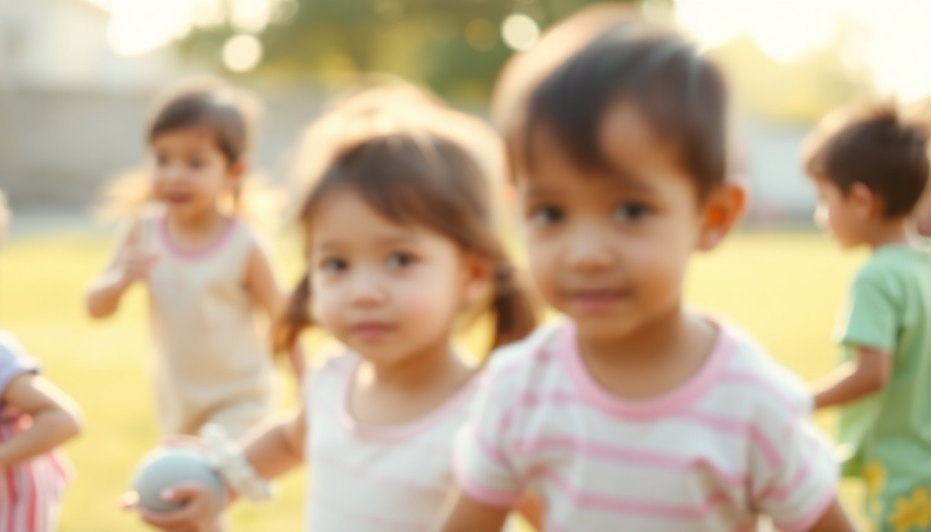 An out-of-focus photograph featuring children playing in a lush, green outdoor setting, their forms and faces blurred into abstract shapes of warm, soft light and color.