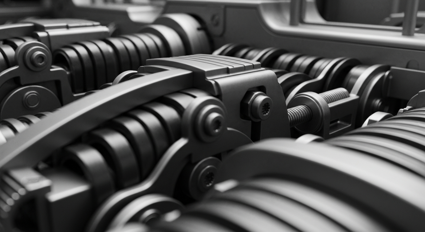 An extreme close-up of gears, levers, and other heavy industrial banking equipment, conveying a sense of the complex financial systems and machinery that underpin public companies and impact investor wealth.