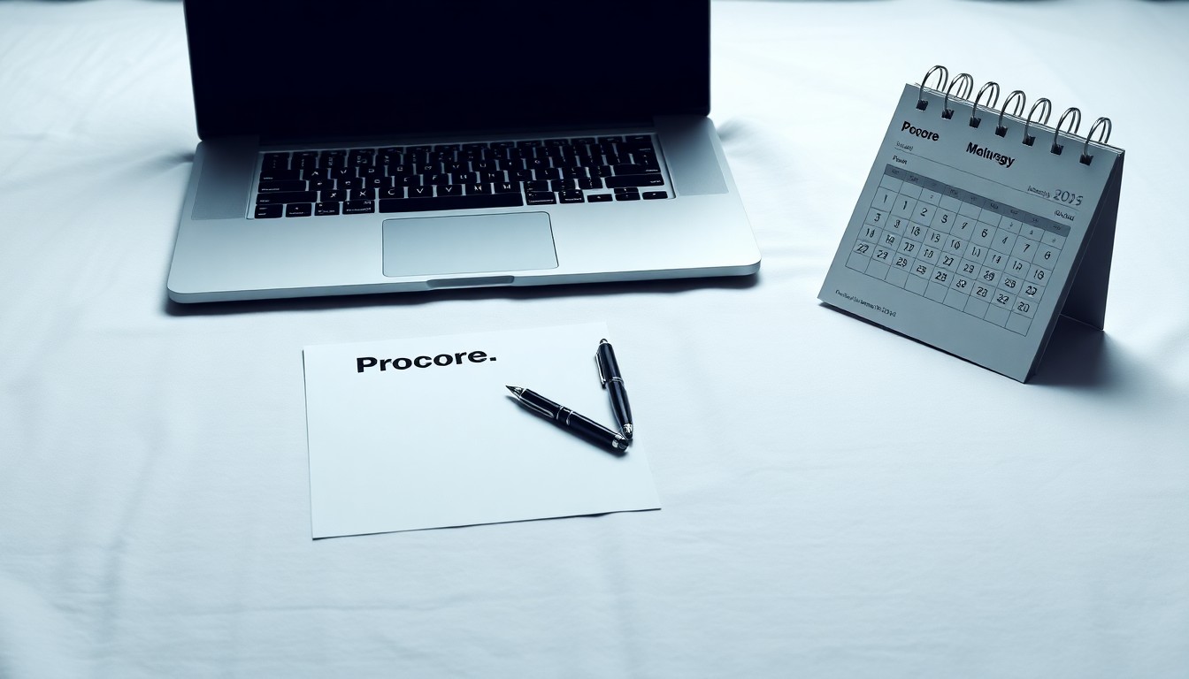 A high-end, photorealistic studio still-life photograph featuring a sleek, modern laptop computer, a pen, and a minimalist desk calendar arranged elegantly on a clean, white background, conceptually representing the financial reporting and corporate strategy of Procore.