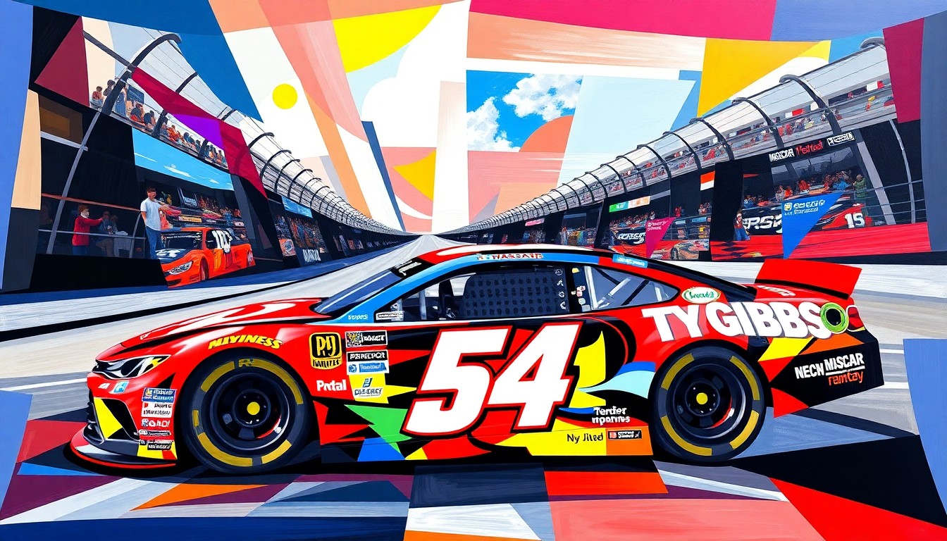 A cubist, geometric painting depicting a NASCAR race, with the vibrant colors of the #54 car driven by Ty Gibbs breaking down into sharp, overlapping shapes and planes.