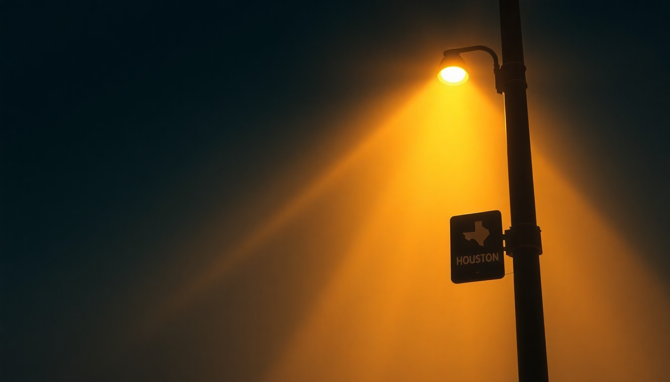 A serene, nostalgic painting of a lone city street lamp post in Houston, its warm light and deep shadows conveying the political tensions between the local and state governments.