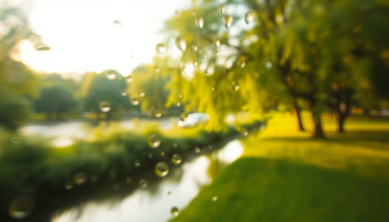 An impressionistic, blurred photograph of a lush, green riverside park scene, with soft, golden light filtering through rain-streaked glass, conveying the tranquil atmosphere of the park.