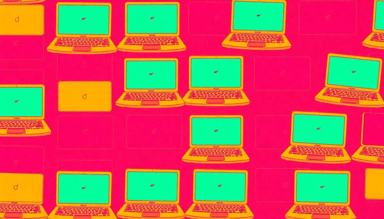 A vibrant, pop art-inspired illustration featuring a laptop computer icon repeated in a grid pattern, conceptually representing the integration of AI technology into the academic experience at BYU-Idaho.
