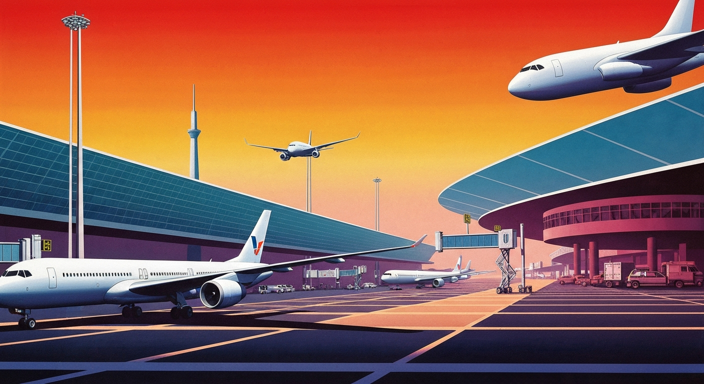A bold, geometric illustration in the Art Deco style, featuring a towering, streamlined airport terminal or aircraft silhouetted against a vibrant gradient sky, capturing the grand scale and romance of international air travel without any literal depictions of people or text.