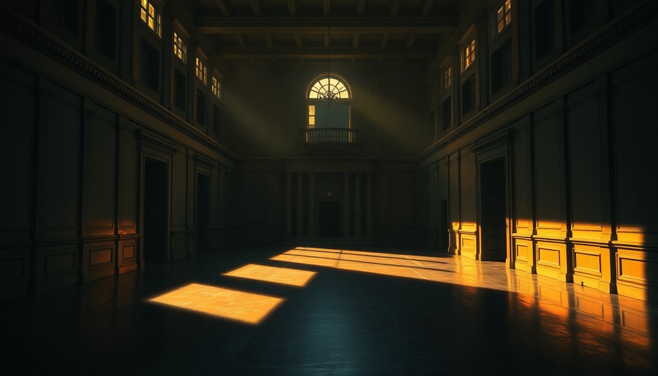 A quiet, cinematic painting of an empty government office space, with warm sunlight streaming through the windows and deep shadows cast across the room, conveying a sense of contemplation and nostalgia.