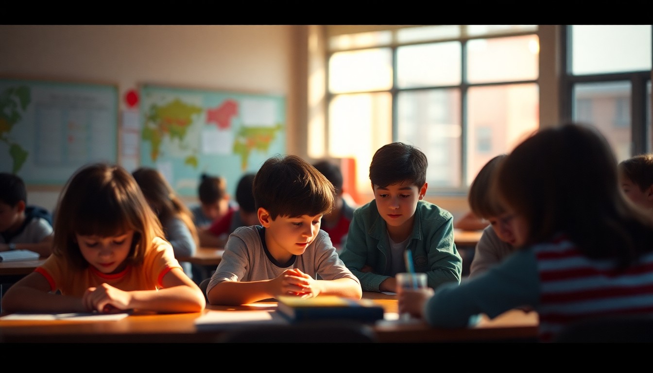 An abstract, out-of-focus scene of middle school students working together in a classroom, with soft, warm pools of light and color creating a sense of intimacy and connection.