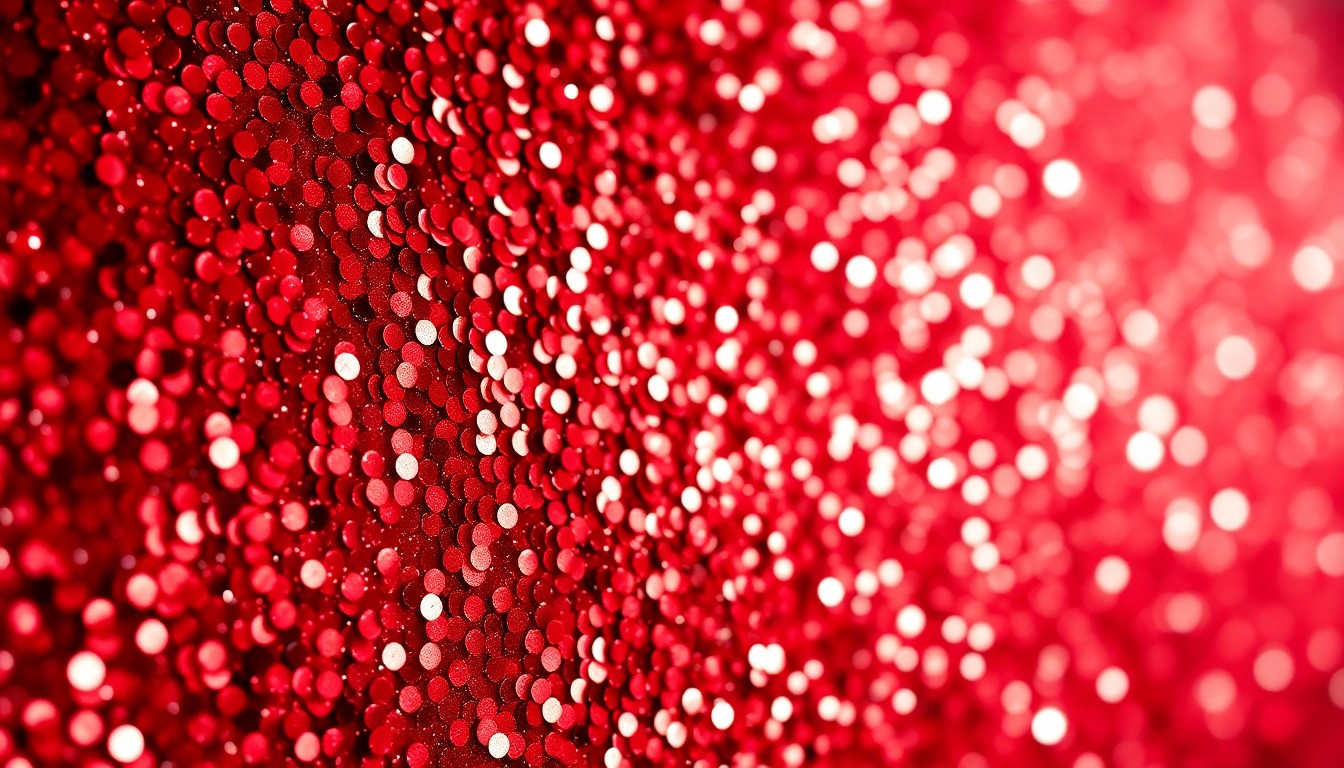 An extreme close-up photograph of a luxurious, sparkling red sequin texture, capturing the high-fashion glamour and festive spirit of a Christmas movie musical.