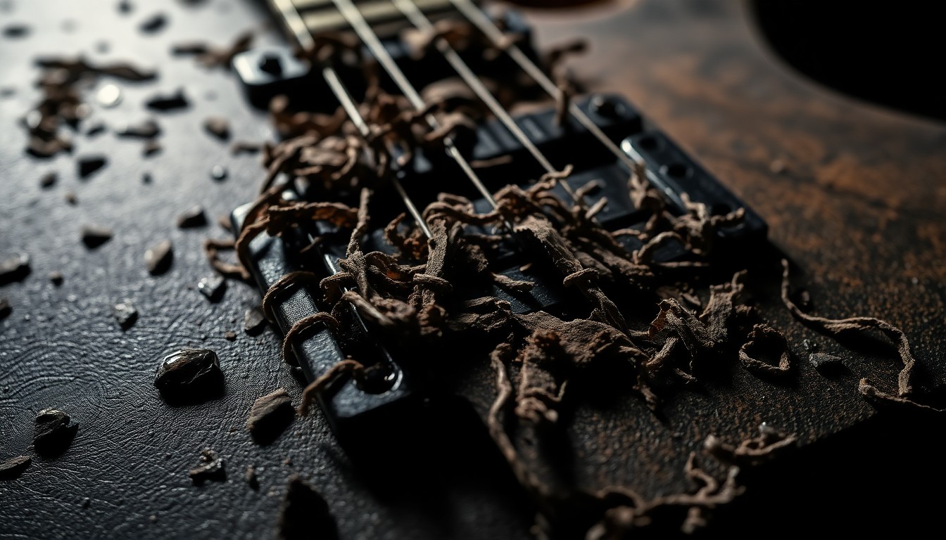 An extreme close-up photograph of heavily textured, shredded black metal guitar strings and distressed leather, bathed in dramatic high-contrast studio lighting to create a gritty, high-energy aesthetic representing the intense energy of Killswitch Engage's upcoming tour.