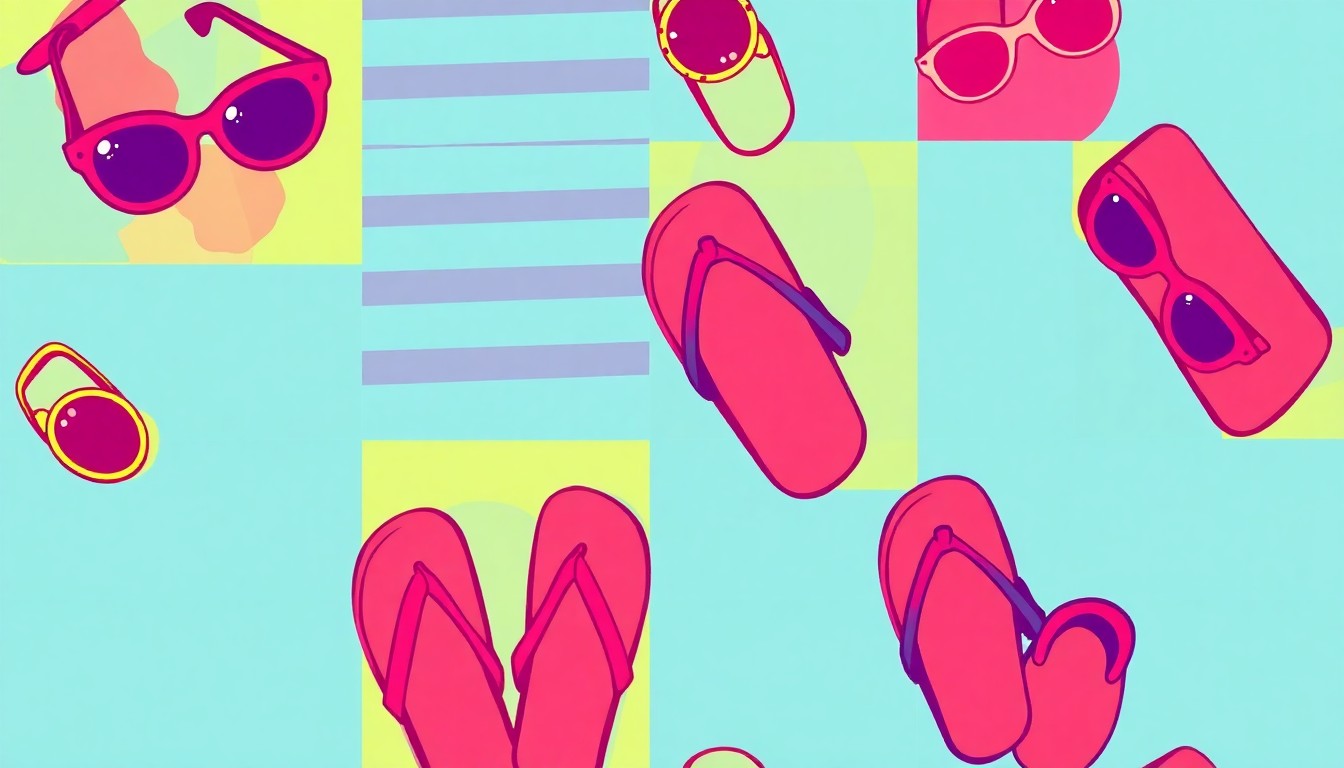 A high-contrast silkscreen print featuring a repeated pattern of brightly colored beach towels in shades of pink, orange, and teal, conceptually representing the family-friendly lifestyle of a renovated vacation home.