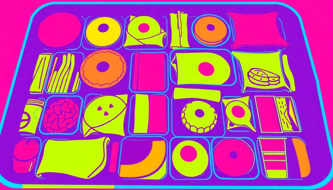 A brightly colored, high-contrast silkscreen print of a school cafeteria tray with various food items repeated in a tight grid pattern, conceptually representing the challenges faced by school districts in maintaining essential services amid budget pressures.