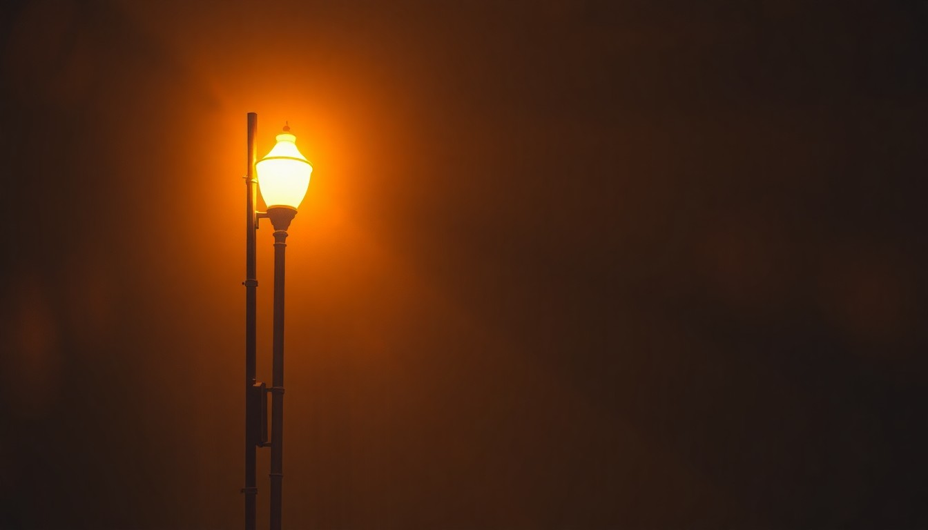 A serene, cinematic painting of a lone city street lamp glowing under warm, angled sunlight, conveying a sense of quiet contemplation about municipal infrastructure and public works oversight.