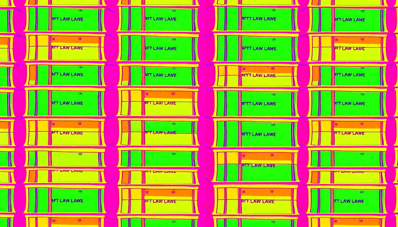 A bold, abstract silkscreen illustration featuring a repeating pattern of stacked law books in vibrant neon colors, conceptually representing the influx of educational resources and economic opportunities coming to Wilmington through the Bridge Project.