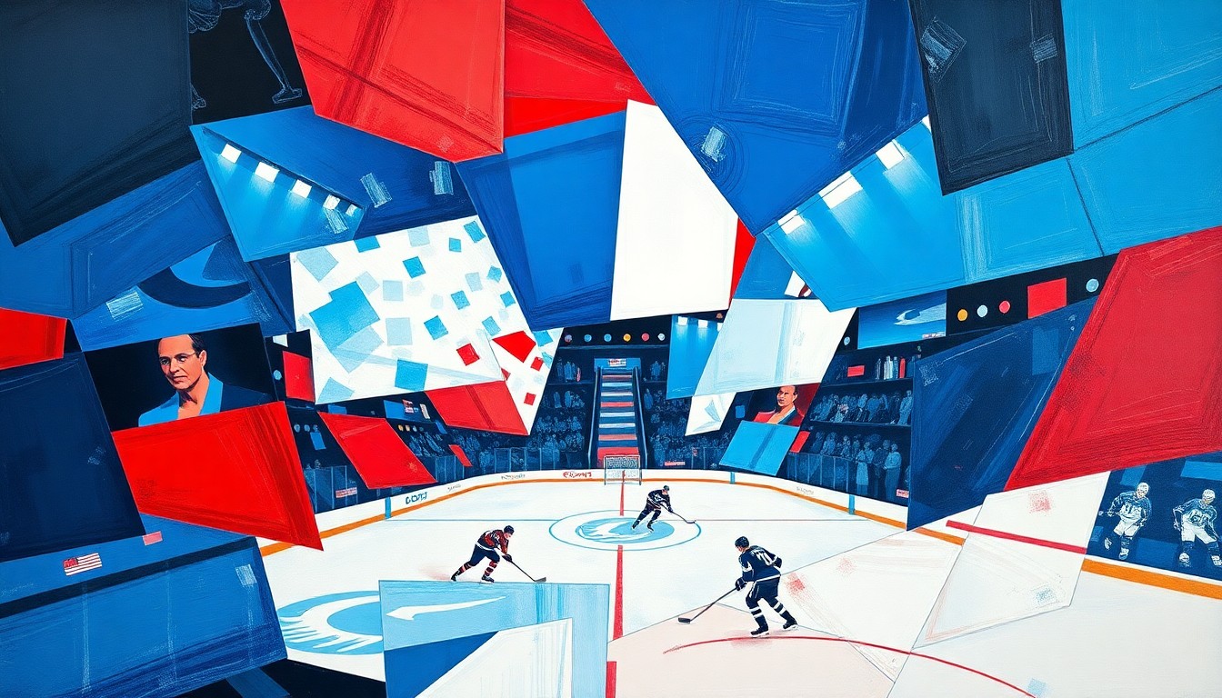 A cubist, geometric painting depicting a hockey game between the Tampa Bay Lightning and Montreal Canadiens, with the players and action broken down into sharp, overlapping planes of blue, red, and white.