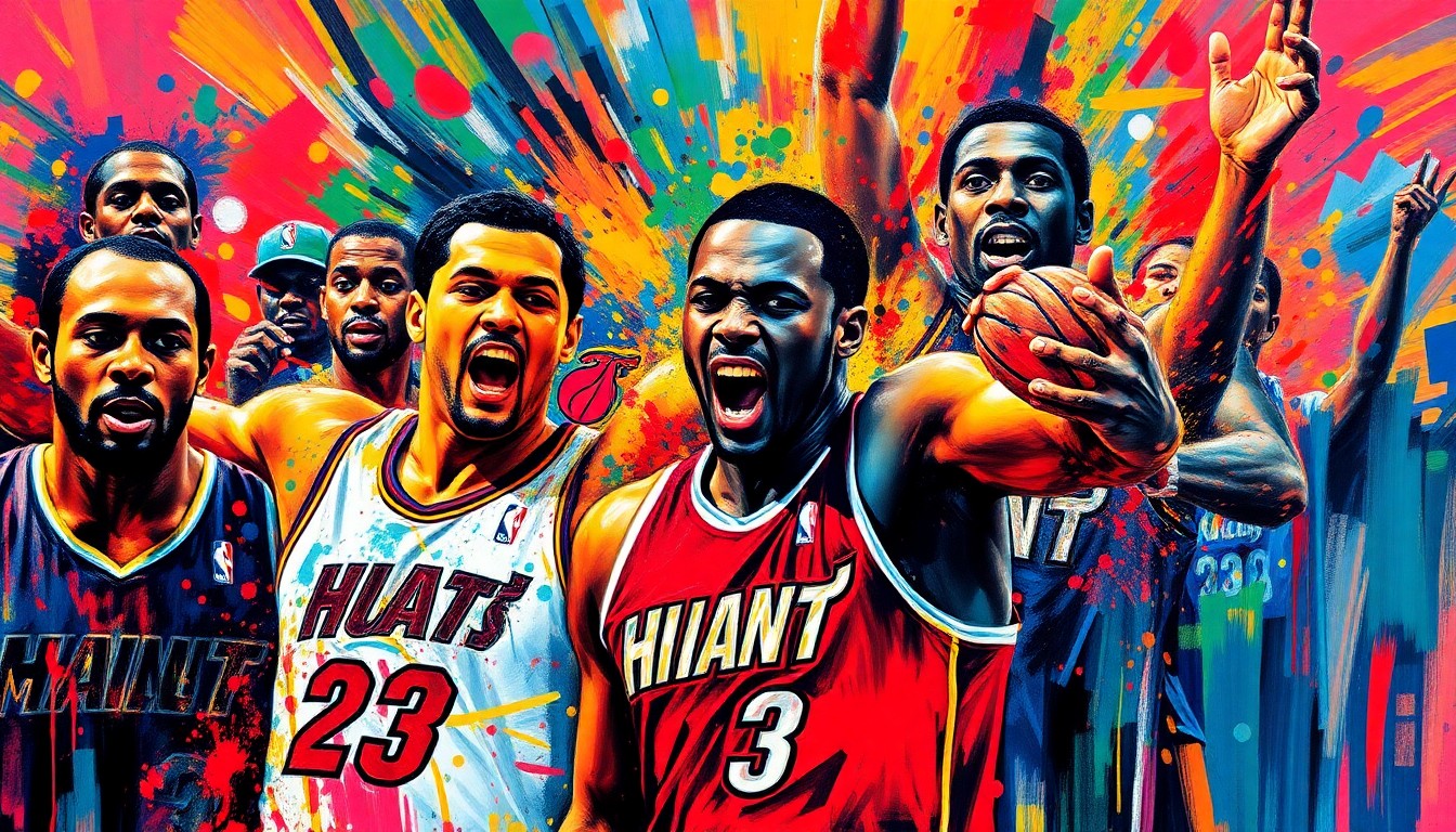 An abstract, expressionist painting in vibrant neon colors depicting the frenetic energy and emotion of a high-stakes basketball game, with players' forms dissolving into dynamic brushstrokes.
