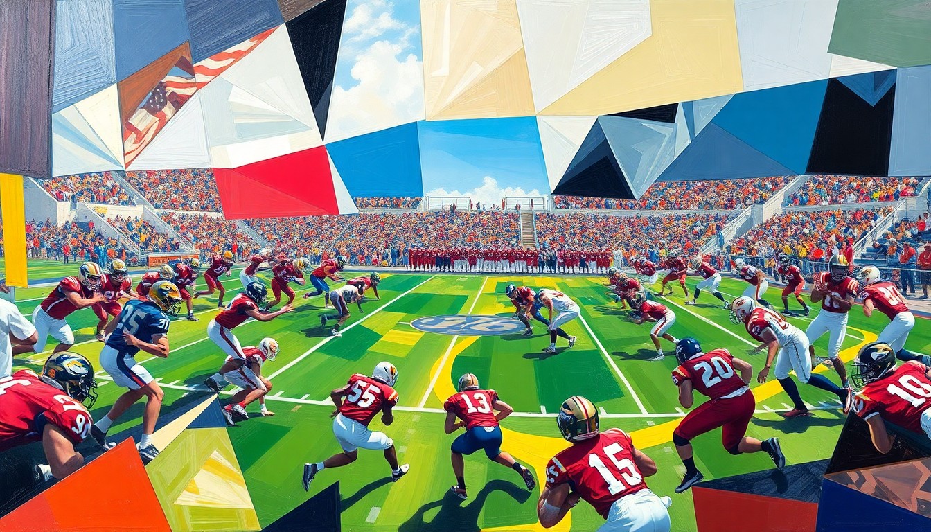 A fractured, multi-perspective painting in the style of Pablo Picasso, with sharp, overlapping geometric planes in the colors of the Los Alamitos Griffons and El Segundo football teams, conveying the raw intensity of high school sports.