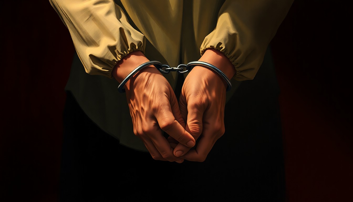 A close-up painting of an elderly woman's weathered hands bound together with handcuffs, the light casting dramatic shadows across the scene, conveying a sense of vulnerability and injustice.