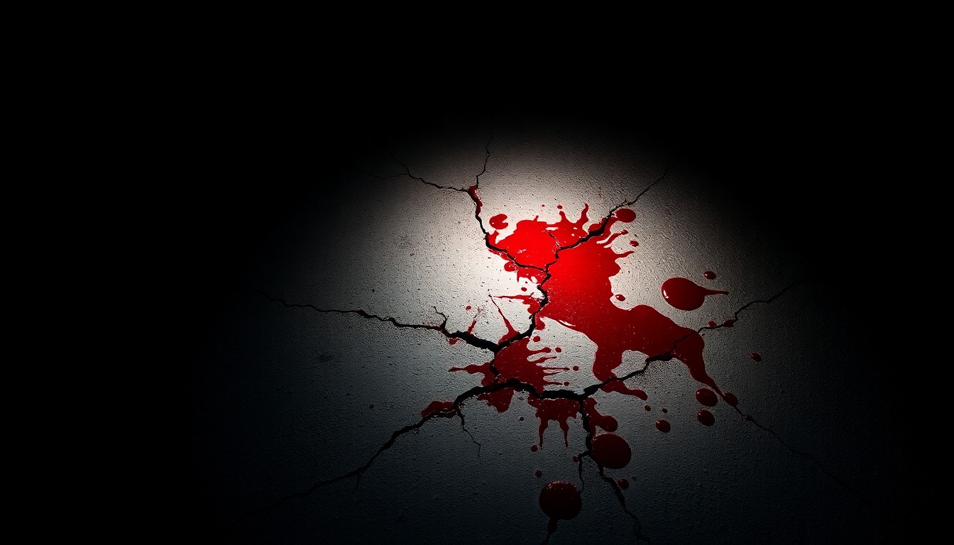 An extreme close-up of a cracked and bloodied concrete surface, capturing the harsh, gritty aftermath of a violent incident without depicting any actual violence or victims.