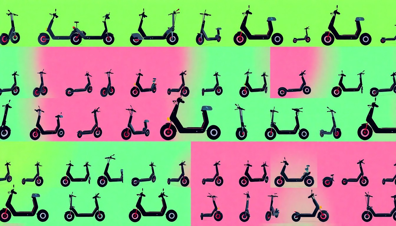 A bold, colorful silkscreen-style illustration featuring a repeated icon of an electric scooter in a grid pattern, using vibrant neon hues and heavy black outlines to transform the everyday object into a modern pop art piece.