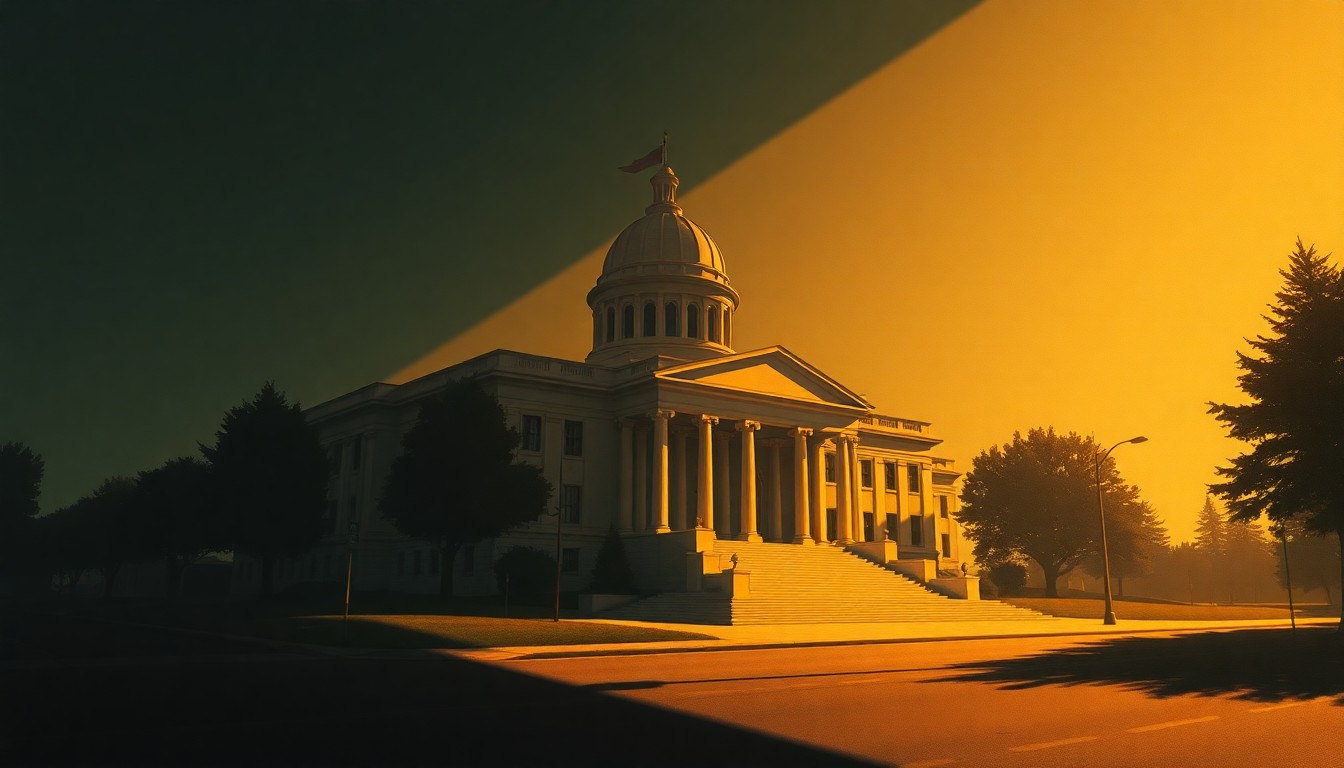 A photorealistic painting of a California state capitol building in a warm, golden light, with deep shadows and a sense of solitude, conveying the quiet drama and high stakes of the gubernatorial race.
