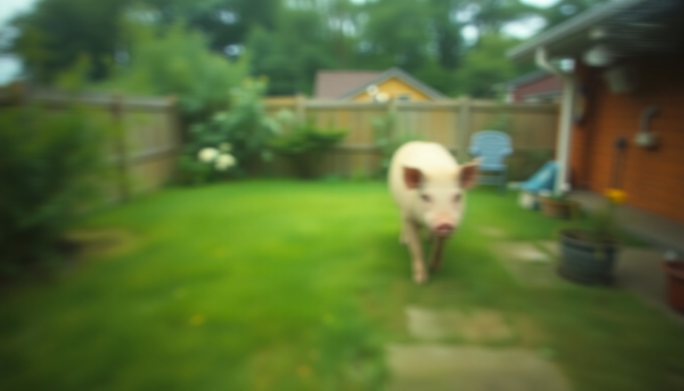 An abstract, impressionistic photograph showing a blurred, warm-toned scene of a pig wandering through a lush, green backyard, conveying the sense of a community embracing a wild animal in their midst.