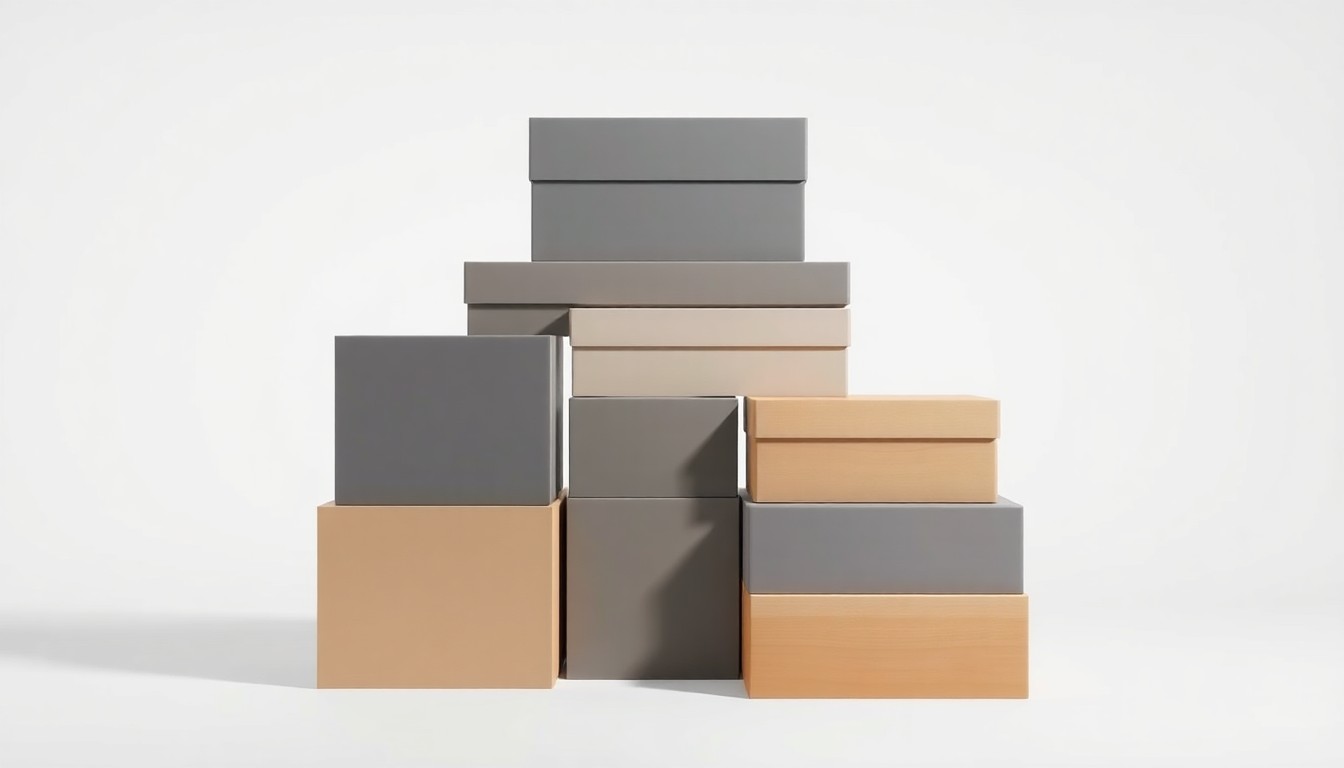 A high-end, photorealistic studio still-life photograph featuring a stack of neatly organized storage boxes in shades of gray and beige, arranged elegantly on a clean, white seamless background. The boxes have a polished, geometric aesthetic and are used to conceptually represent the strategic growth and industry leadership of the self-storage companies.