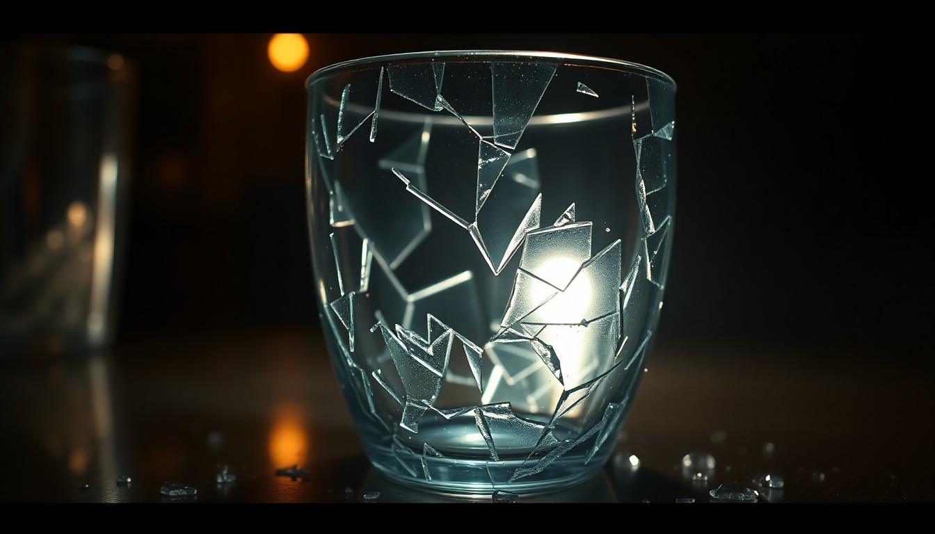 An abstract close-up photograph of shattered glass reflecting a dim, moody light, conceptually representing the aftermath of a violent incident at an upscale Hollywood location.