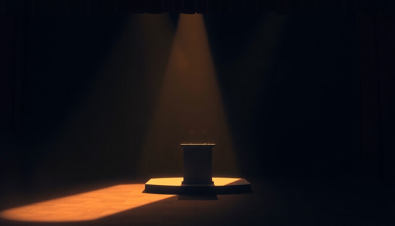 A dimly lit stage with a solitary podium, the warm light casting deep shadows and creating a contemplative, cinematic mood that evokes the political tensions surrounding the event.