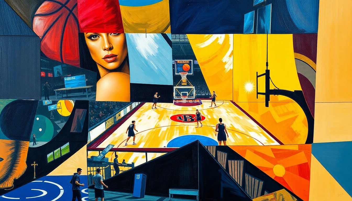 A cubist-style painting depicting a WNBA basketball game broken down into overlapping geometric shapes and planes, conceptually representing the strategic maneuvering of teams on draft night.