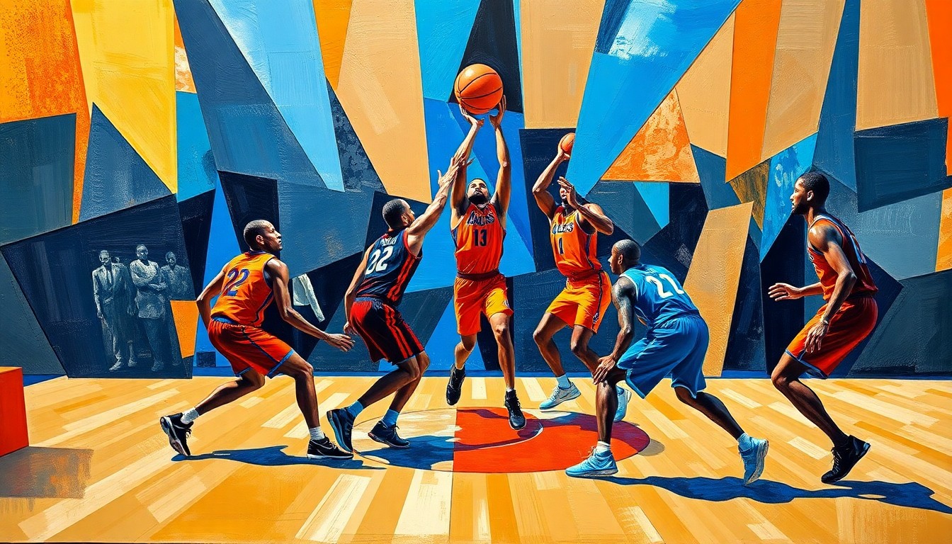 A fragmented, cubist-style painting depicting a basketball game, with the players' forms abstracted into sharp, overlapping geometric shapes in a bold color palette, conceptually representing the strategic analysis of the Thunder's title chances.