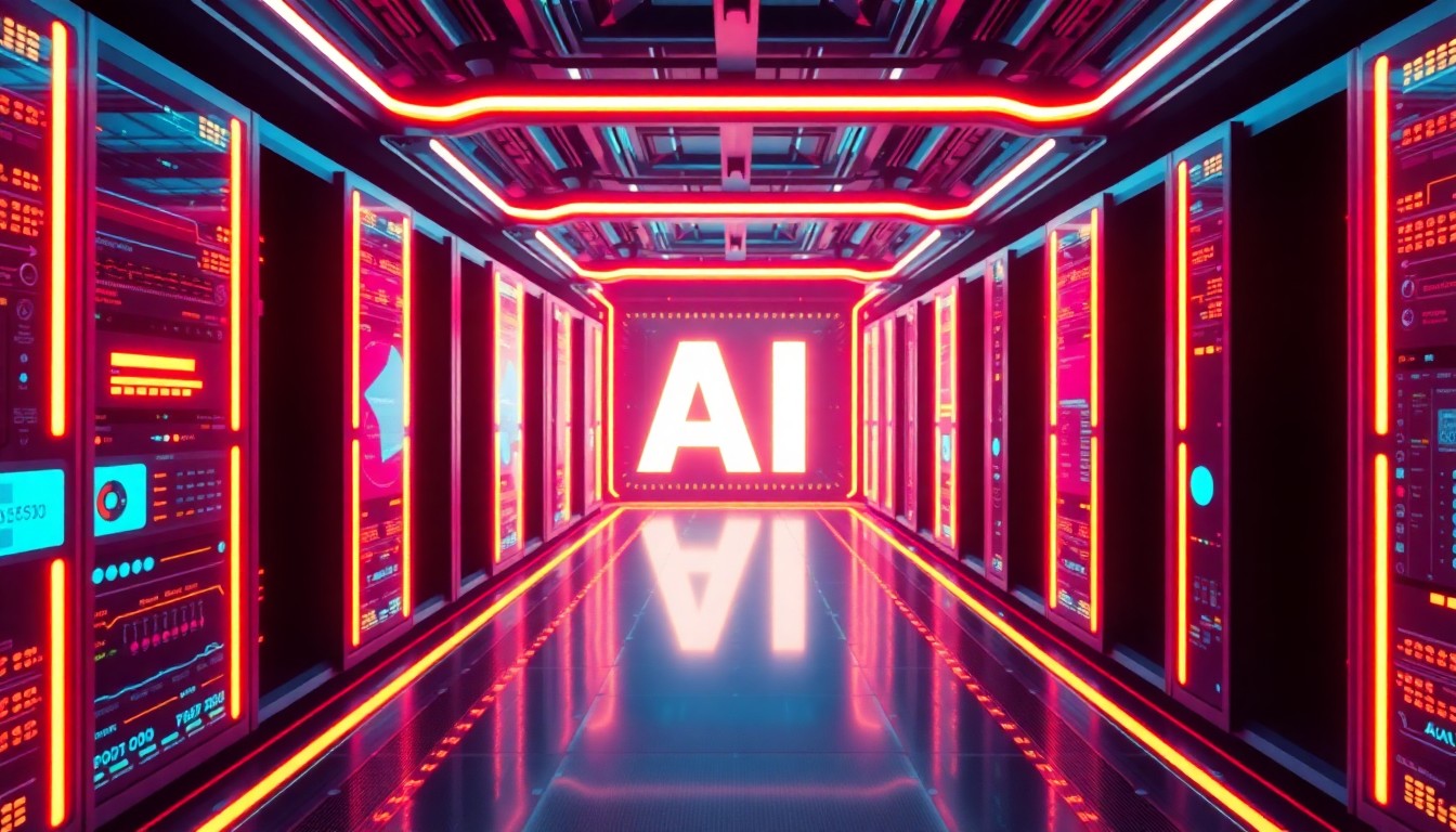 A highly detailed, glowing 3D illustration of a futuristic, neon-lit AI control panel or data center infrastructure, representing the advanced technology at the heart of the AI debate.