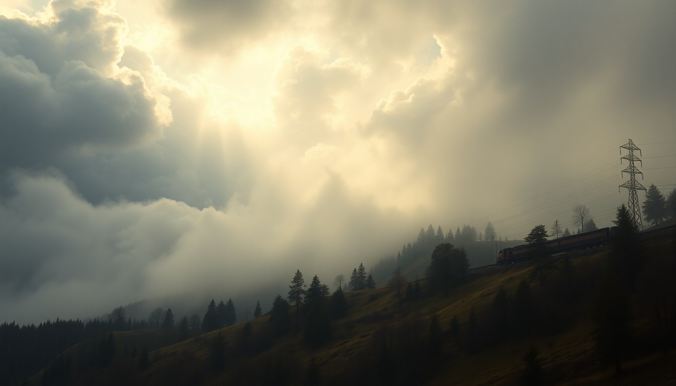 A sweeping, atmospheric landscape painting in muted tones, with a partially obscured freight train derailment in the distance, dwarfed by the overwhelming scale of the natural environment.