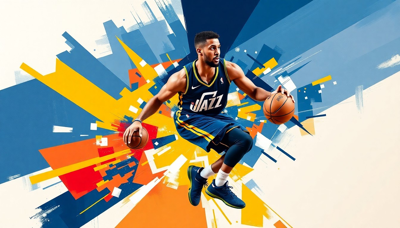 A cubist, geometric painting depicting the dynamic movements of a basketball player in shades of navy, gold, and white, representing the energy and potential of the Utah Jazz organization.