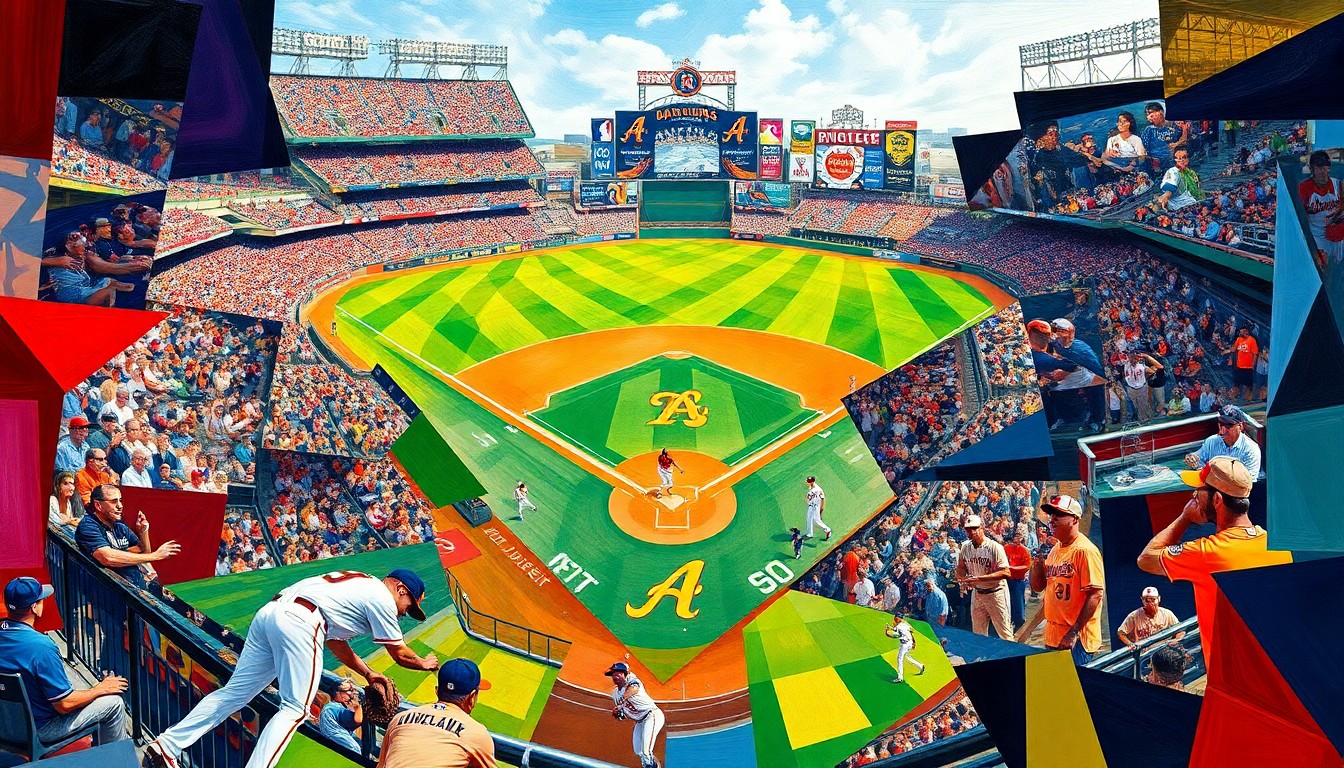 A fractured, geometric painting depicting a baseball game between the Arizona Diamondbacks and Baltimore Orioles, with sharp overlapping planes of color representing the dynamic action on the field.