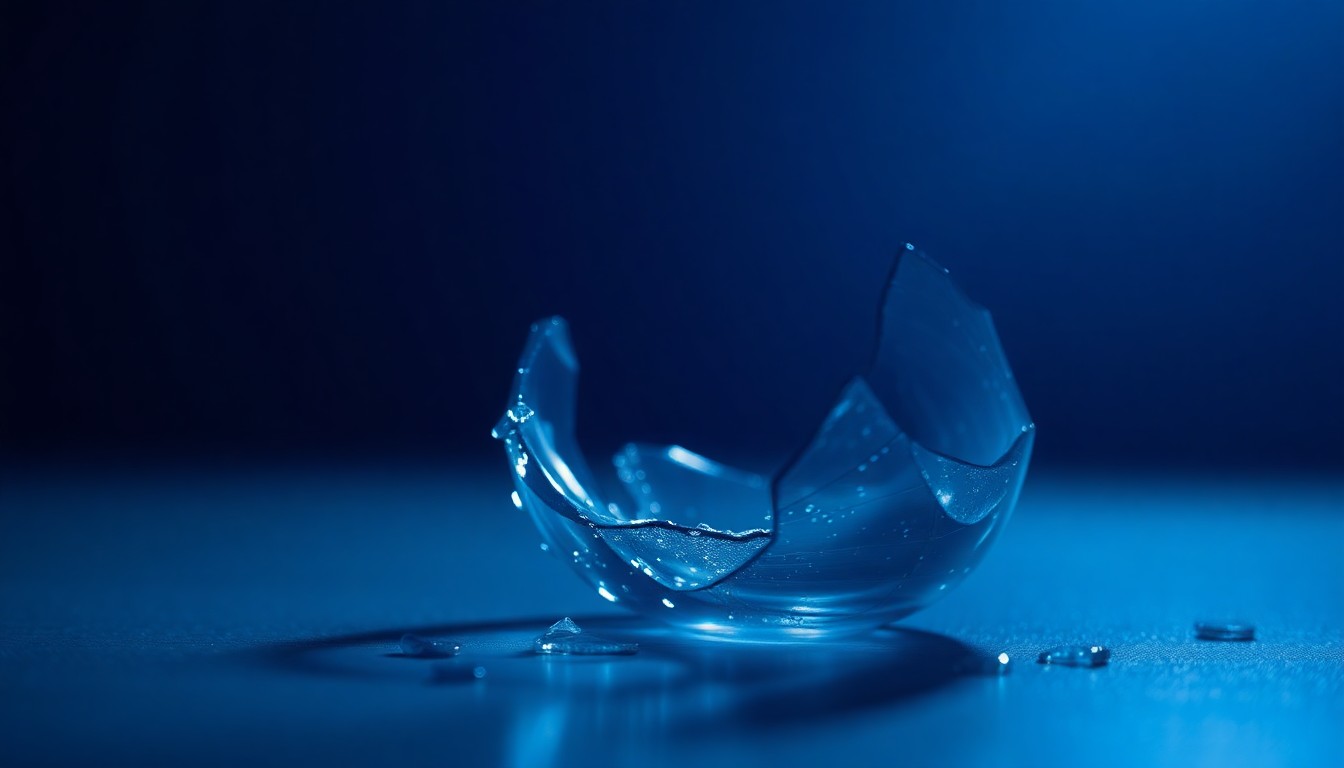 An extreme close-up photograph of a cracked and shattered glass trophy, reflecting a faint blue light, conveying the fragility and impermanence of fame.