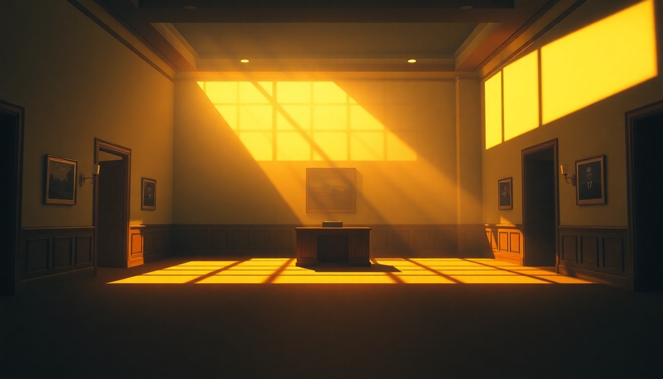A dimly lit, cinematic painting of an empty government office or conference room, with a lone desk or table as the central focus, bathed in warm, diagonal sunlight and deep shadows, conveying a sense of quiet contemplation and unease over the handling of public resources.