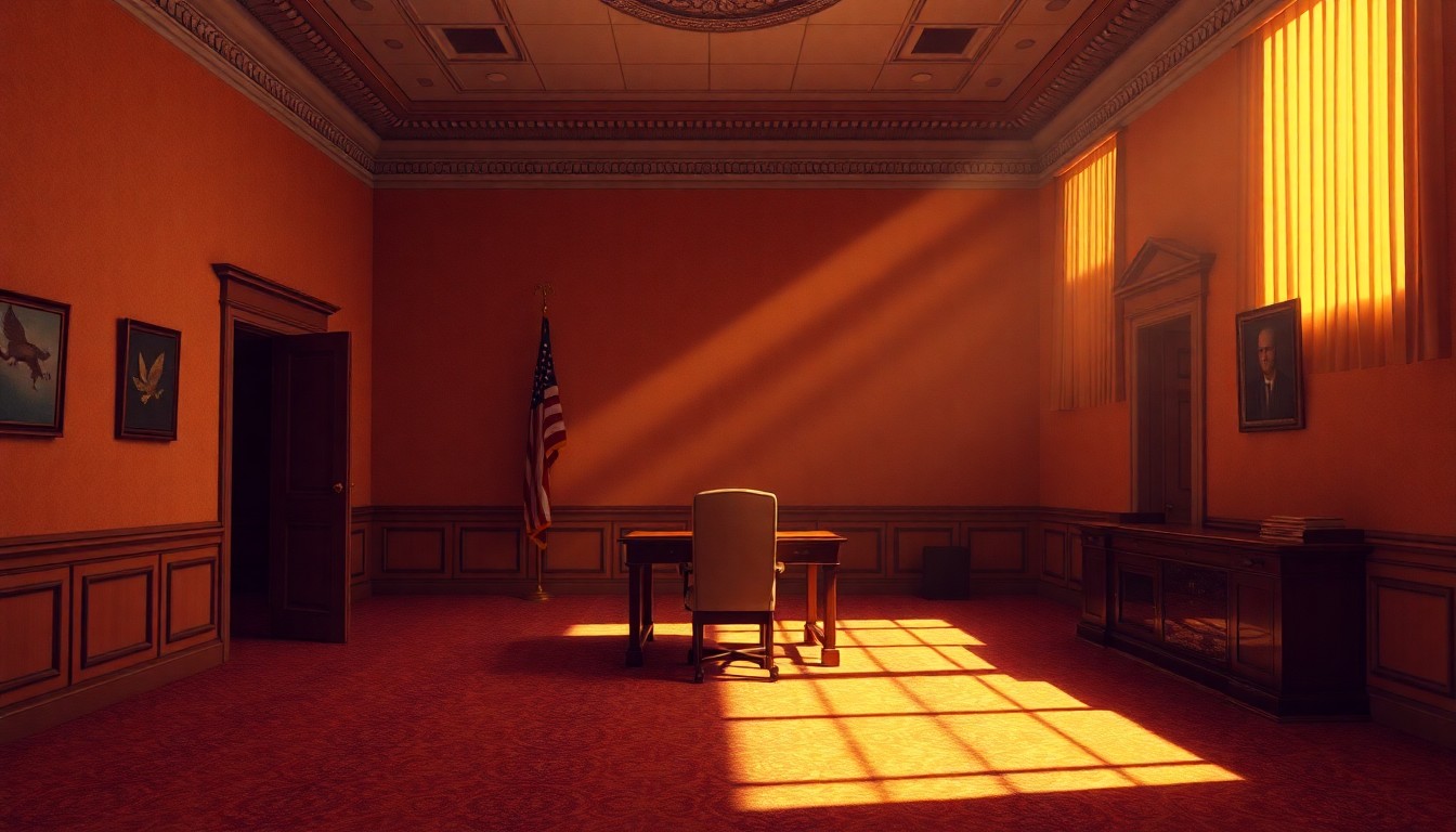 A dimly lit, cinematic painting of an empty congressional office, with a lone chair and desk bathed in warm, diagonal sunlight, conveying a sense of solitude and the aftermath of a political scandal.