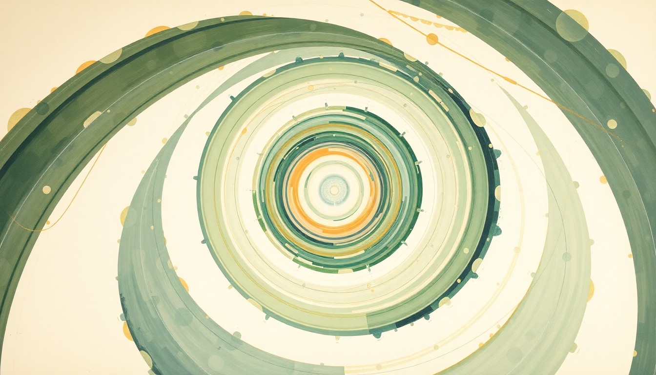 A bold, abstract painting in soft greens, blues, and ochres depicting the complex energy dynamics and structural order of a young star system, visualizing the rapid dimming of X-ray radiation from these stars over time.