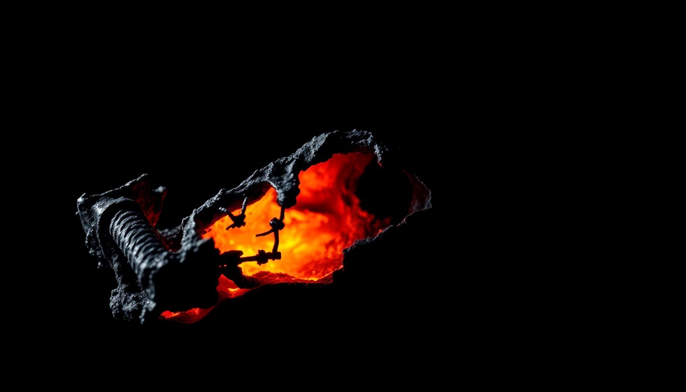 An extreme close-up of a charred, twisted metal object against a pitch-black background, conceptually representing the physical evidence from an unsolved murder investigation.