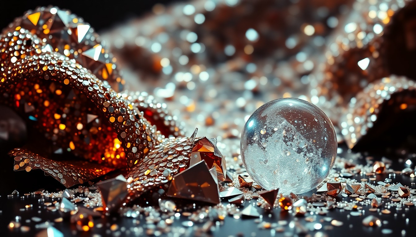 An extreme close-up of shimmering sequins and shattered glass, capturing the high-fashion, high-contrast aesthetic of 1980s celebrity culture.