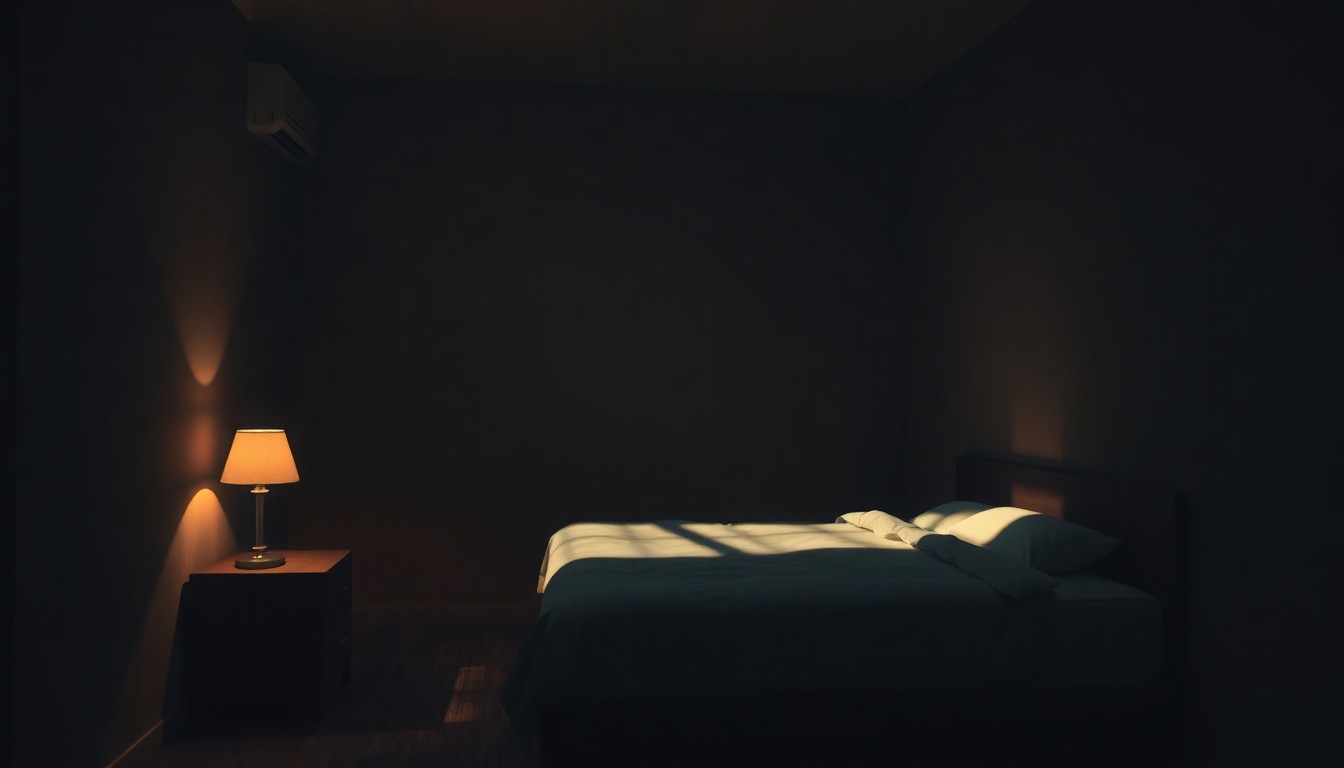 A dimly lit hotel room interior with a single bed, nightstand, and lamp, bathed in warm, diagonal sunlight and deep shadows, conveying a sense of quiet contemplation and unease.