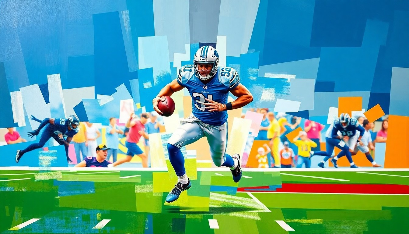 A cubist, geometric painting depicting the fragmented movements of a football player in action, rendered in the official colors of the Detroit Lions.