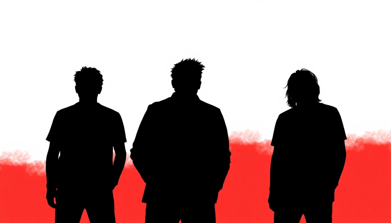 An abstract, minimalist illustration featuring overlapping black silhouettes of band members against a high-contrast red and white background, conceptually representing the energy and excitement of the indie rock concert.