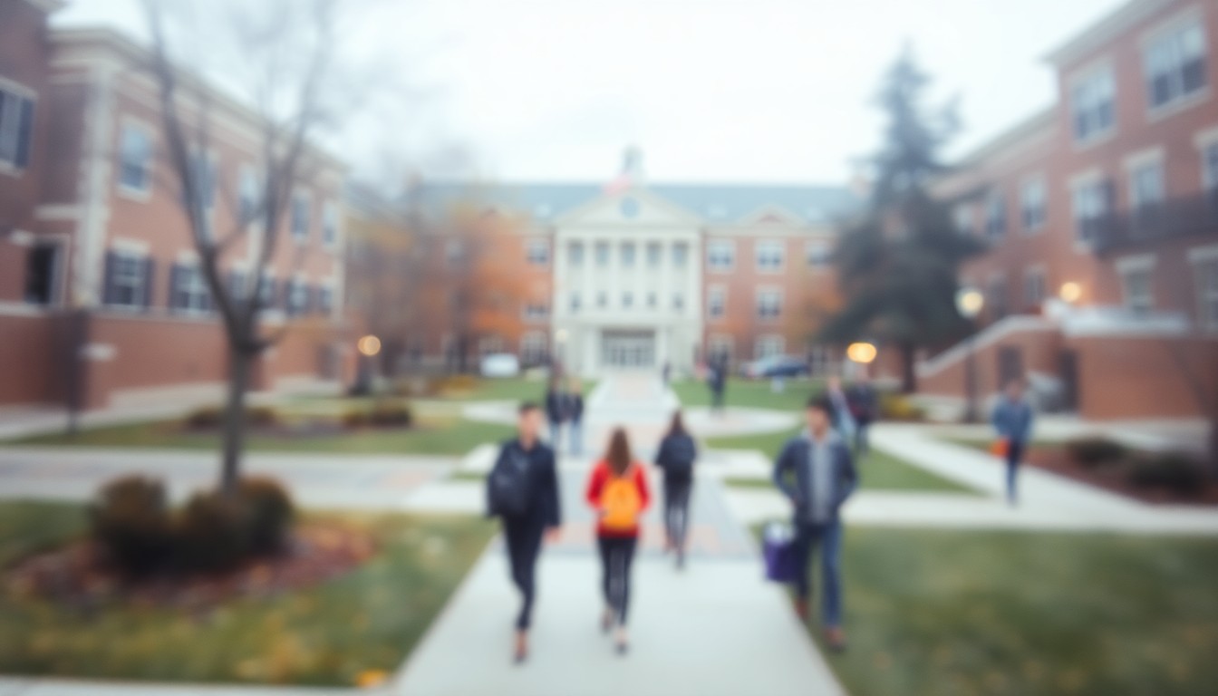 An impressionistic, out-of-focus scene of students walking across a college campus quad, with the buildings and landscape blurred into soft, warm pools of color and light, conveying a sense of transition and uncertainty.