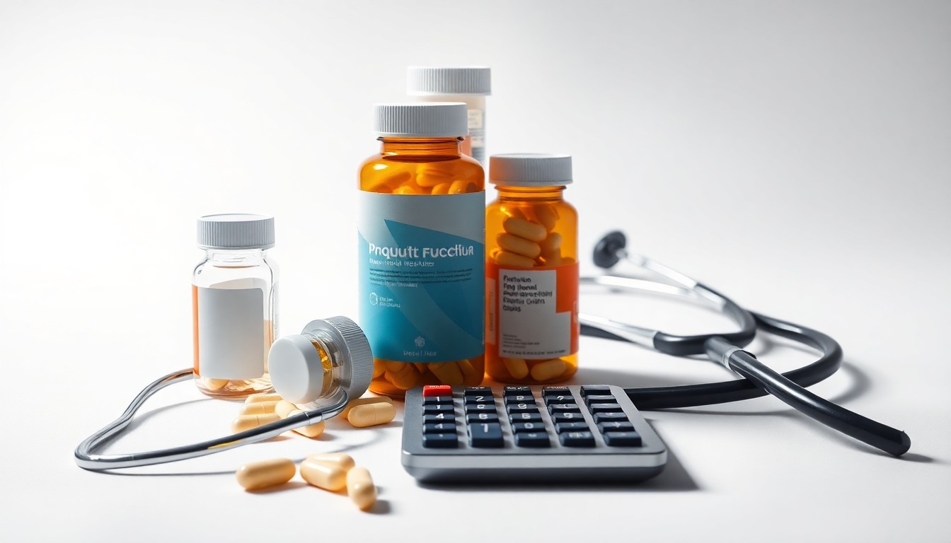A photorealistic studio still life featuring a stack of pill bottles, a stethoscope, and a calculator, symbolizing the complex financial and regulatory challenges facing the pharmaceutical industry.
