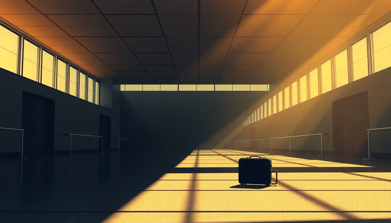 A cinematic painting of an empty airport terminal with warm, diagonal sunlight and deep shadows, featuring a single suitcase left unattended on the floor, conceptually representing the isolation and uncertainty faced by an immigrant doctor detained by immigration authorities.