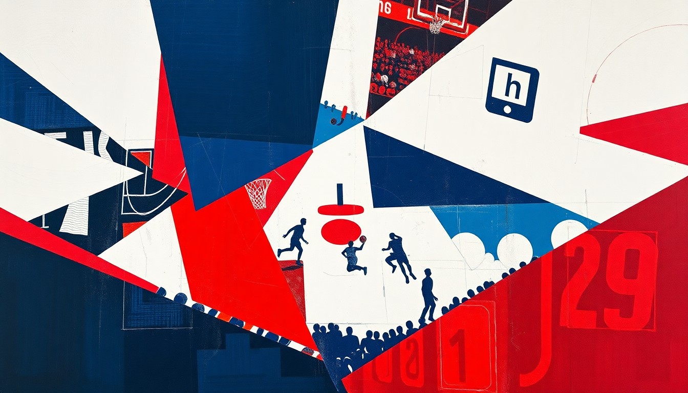 A fragmented, geometric painting depicting the overlapping planes and perspectives of a basketball game, conveying the complex maneuvering involved in the college basketball transfer portal.