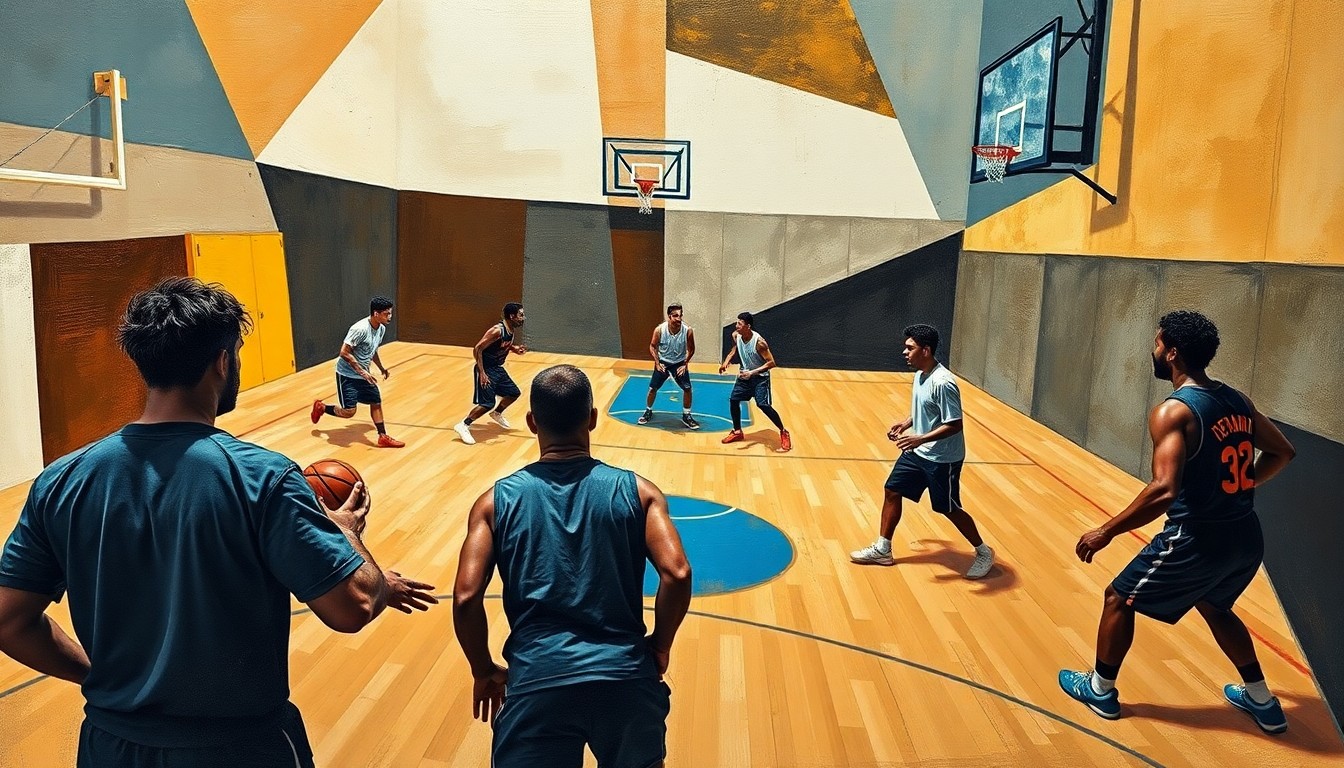 A fragmented, geometric painting in the style of Pablo Picasso, depicting a basketball practice scene broken down into sharp, overlapping planes of color and shape, conveying the energy and focus of the training session.